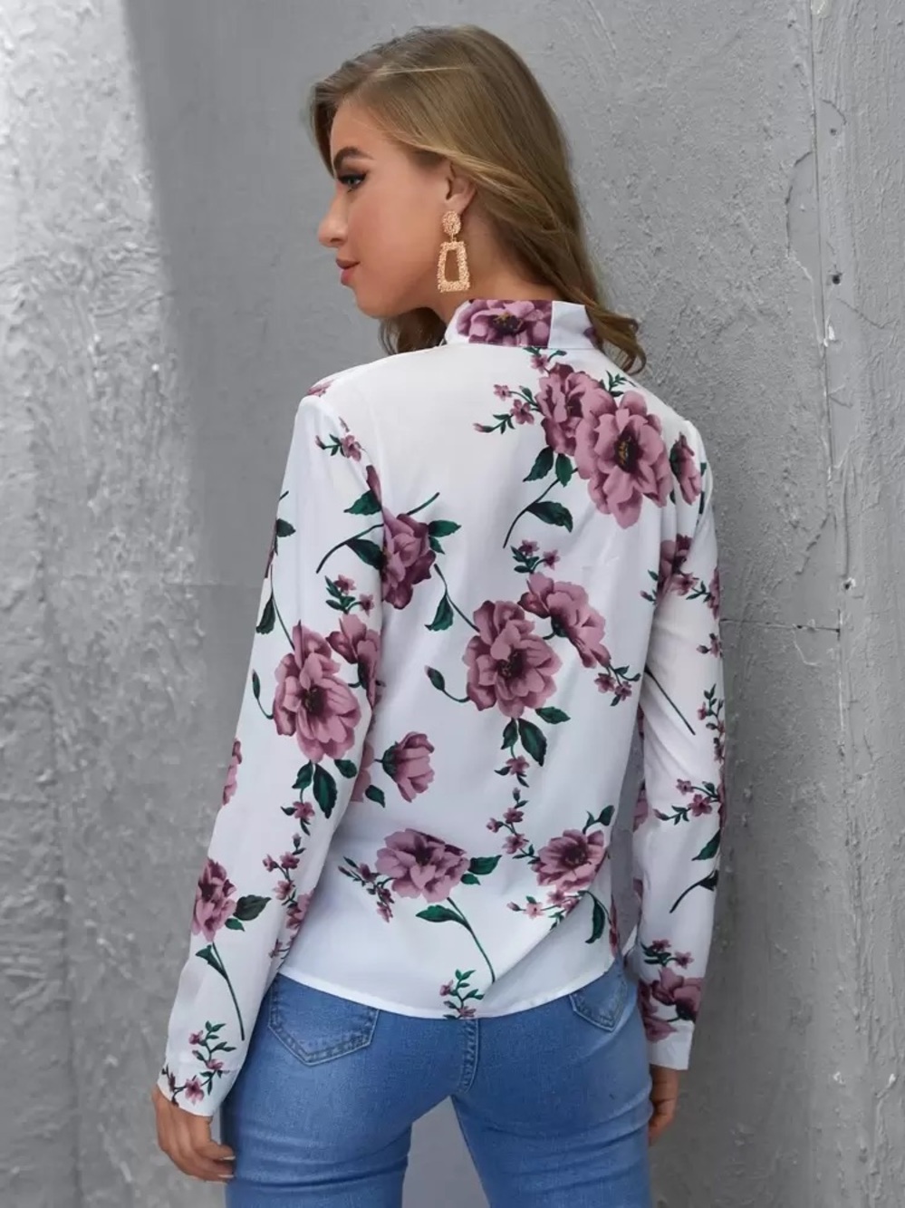 SHEIN Floral Button Up Blouse XS Pink White Long Sleeve Collared Top Cottagecore
